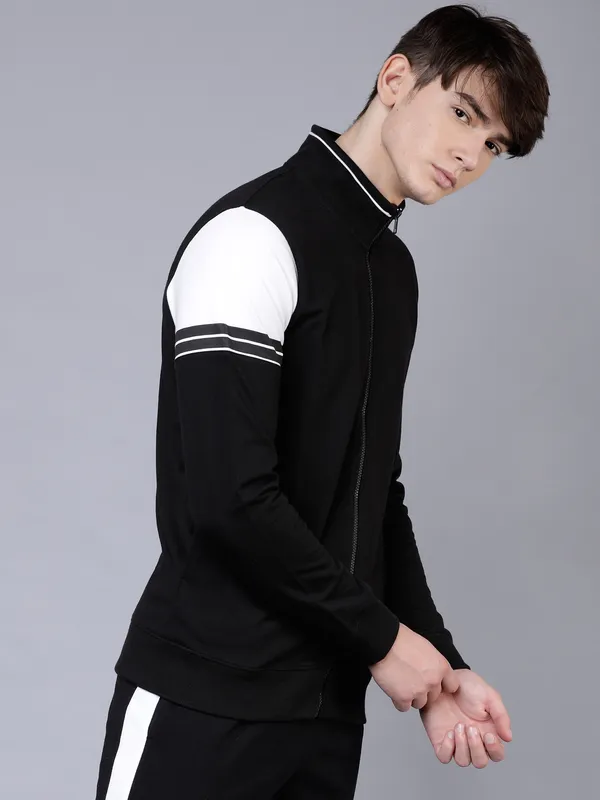 Highlander Men Black Mock Collar Front-Open Sweatshirt