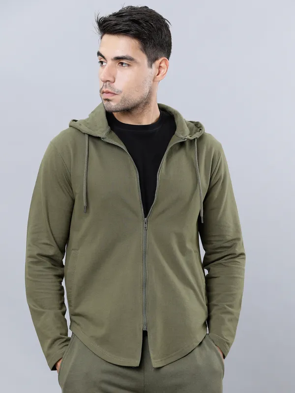 Highlander Men Olive Hooded Front-Open Sweatshirt