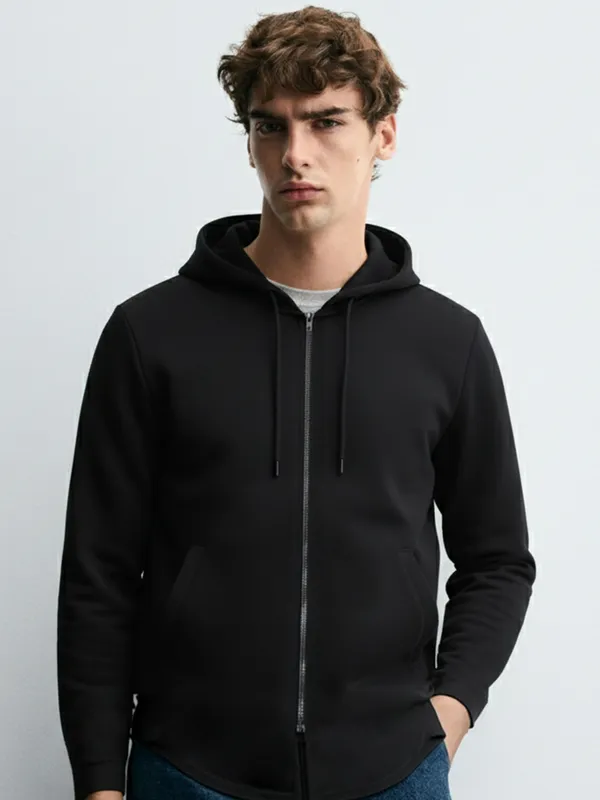 Highlander Men Black Hooded Front-Open Sweatshirt