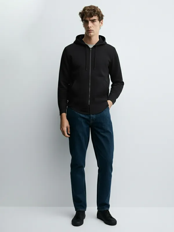 Highlander Men Black Hooded Front-Open Sweatshirt