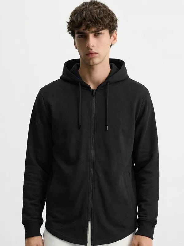 Highlander Men Black Hooded Front-Open Sweatshirt