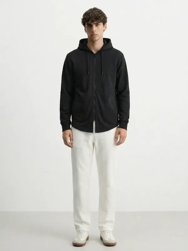 Highlander Men Black Hooded Front-Open Sweatshirt