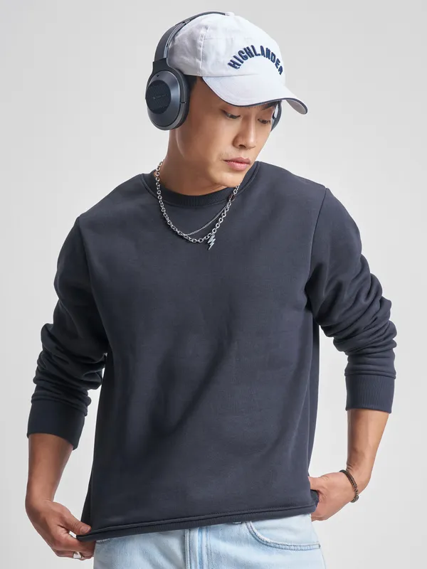 Highlander Men Navy Blue Round Neck Pullover Sweatshirt