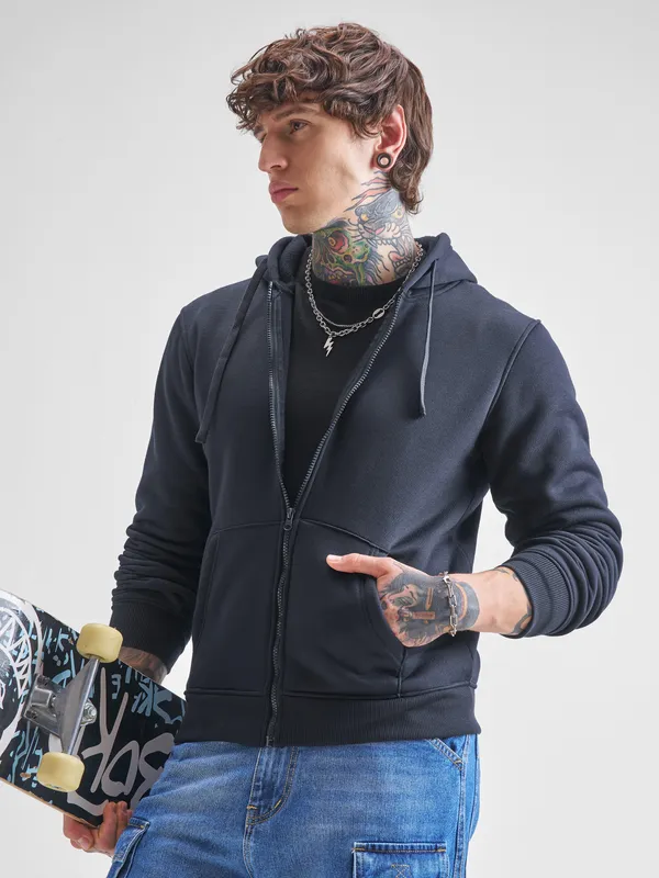 Highlander Men Navy Blue Hooded Front-Open Sweatshirt