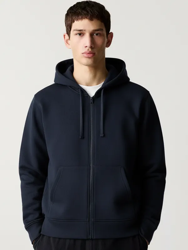 Highlander Men Navy Blue Hooded Front-Open Sweatshirt