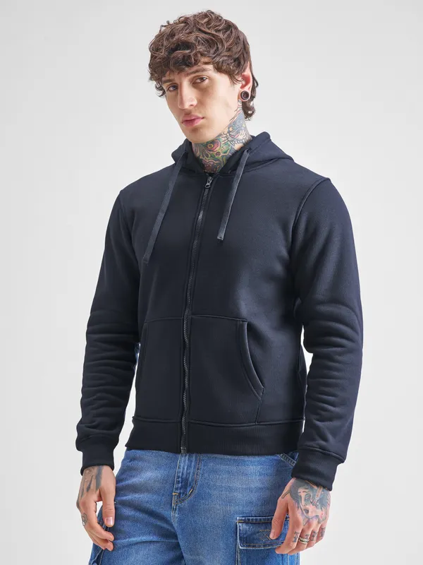 Highlander Men Navy Blue Hooded Front-Open Sweatshirt