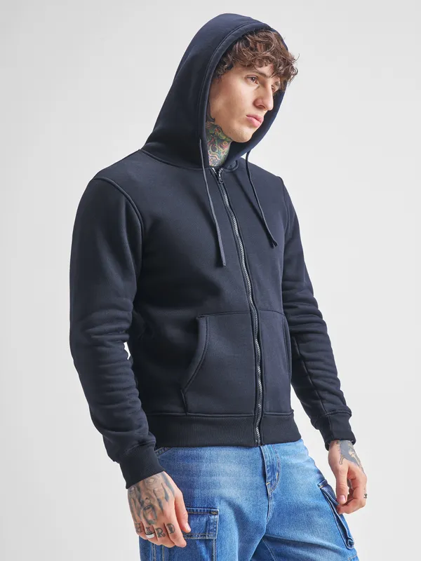 Highlander Men Navy Blue Hooded Front-Open Sweatshirt