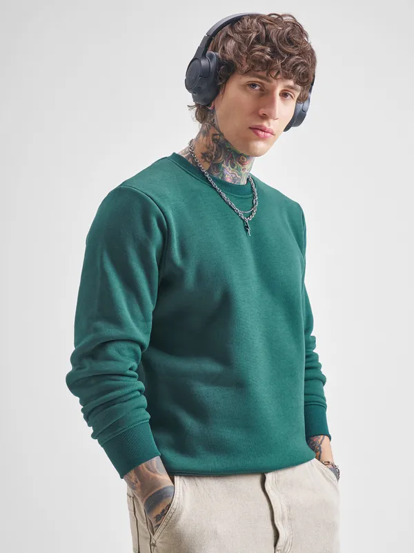 Highlander Men Green Round Neck Pullover Sweatshirt