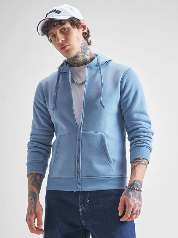 Highlander Men Blue Hooded Front-Open Sweatshirt