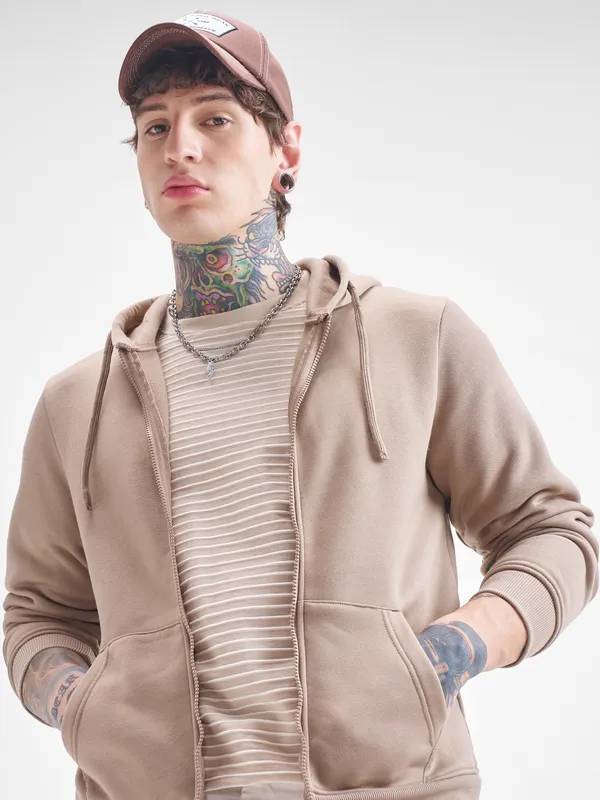 Highlander Men Beige Hooded Front-Open Sweatshirt