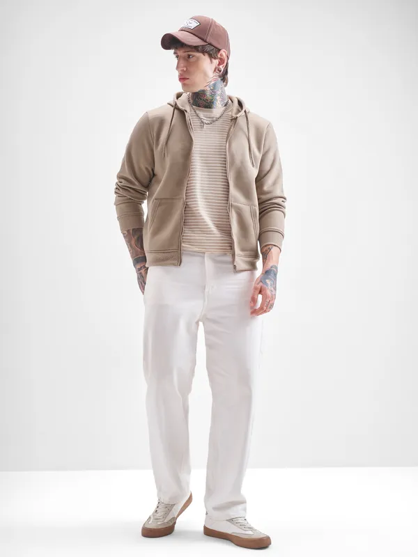 Highlander Men Beige Hooded Front-Open Sweatshirt