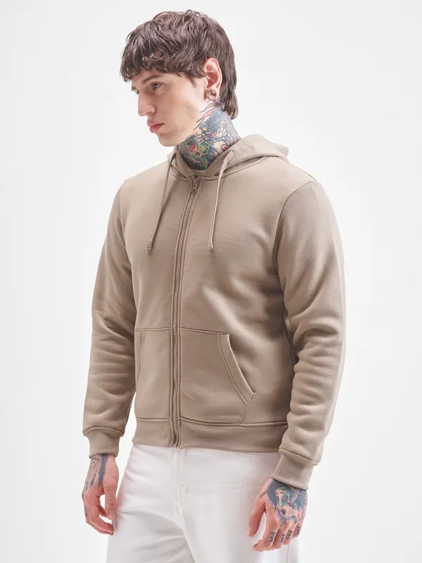 Highlander Men Beige Hooded Front-Open Sweatshirt