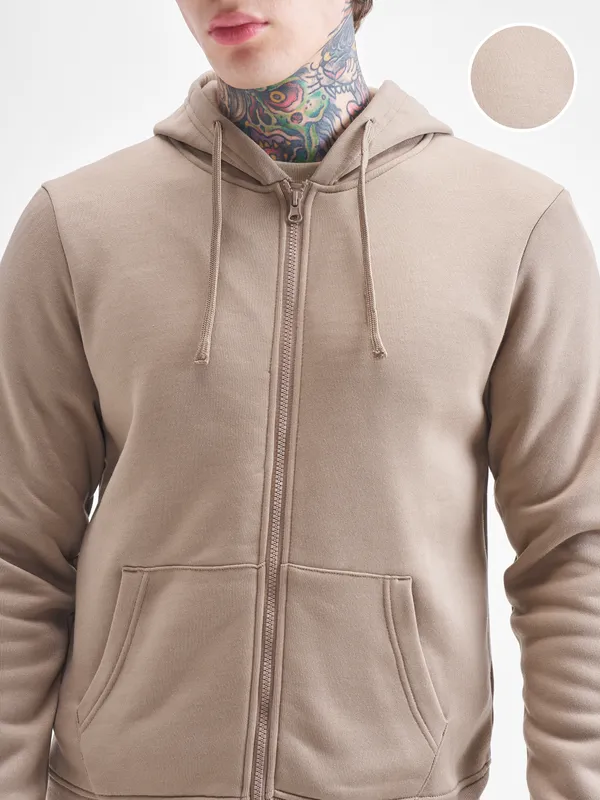 Highlander Men Beige Hooded Front-Open Sweatshirt