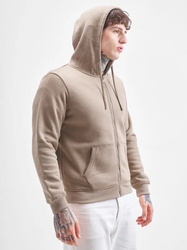 Highlander Men Beige Hooded Front-Open Sweatshirt