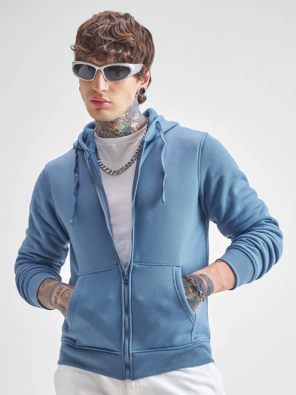 Highlander Men Blue Hooded Front-Open Sweatshirt