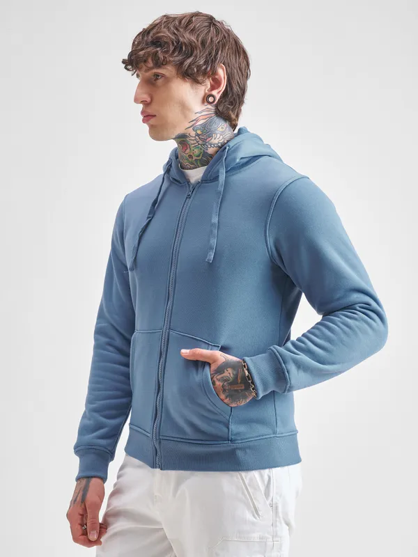 Highlander Men Blue Hooded Front-Open Sweatshirt