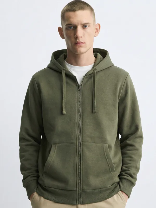 Highlander Men Olive Hooded Front-Open Sweatshirt
