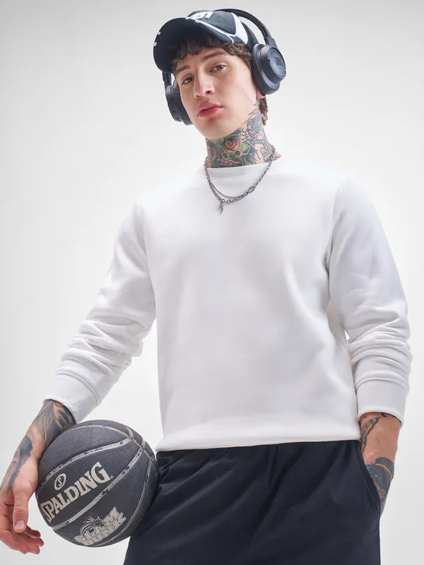 Highlander Men White Round Neck Pullover Sweatshirt