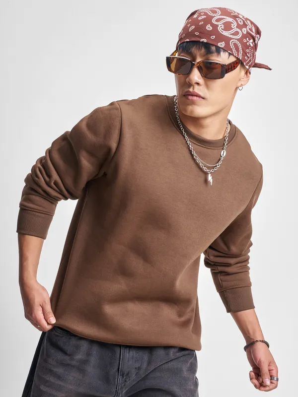 Highlander Men Brown Round Neck Pullover Sweatshirt