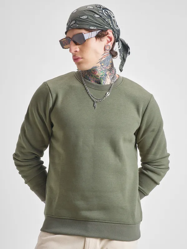 Highlander Men Olive Round Neck Pullover Sweatshirt