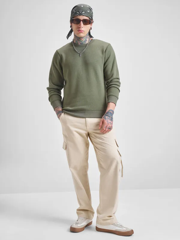 Highlander Men Olive Round Neck Pullover Sweatshirt