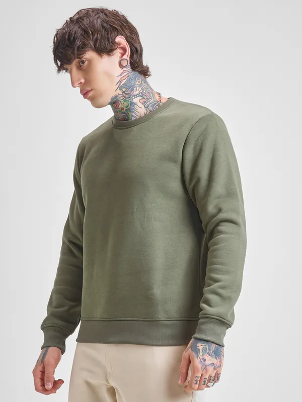 Highlander Men Olive Round Neck Pullover Sweatshirt
