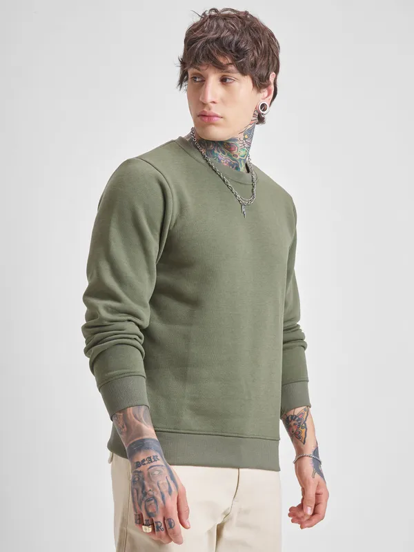 Highlander Men Olive Round Neck Pullover Sweatshirt