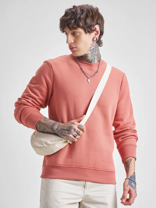Highlander Men Peach Round Neck Pullover Sweatshirt