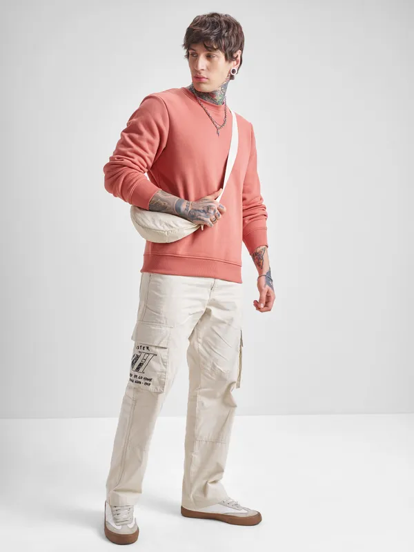 Highlander Men Peach Round Neck Pullover Sweatshirt