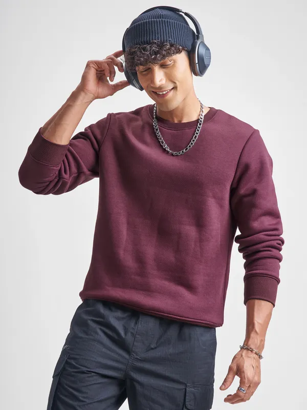 Highlander Men Burgundy Round Neck Pullover Sweatshirt