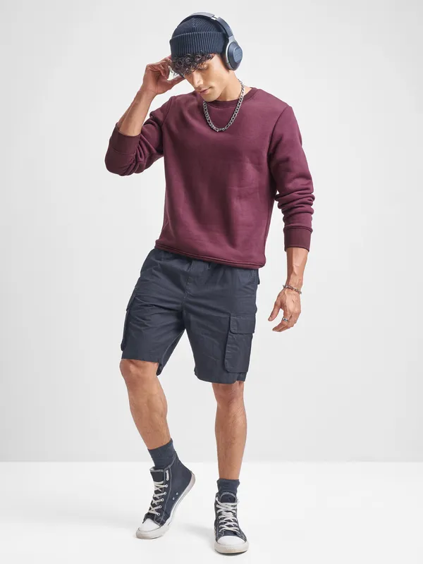 Highlander Men Burgundy Round Neck Pullover Sweatshirt