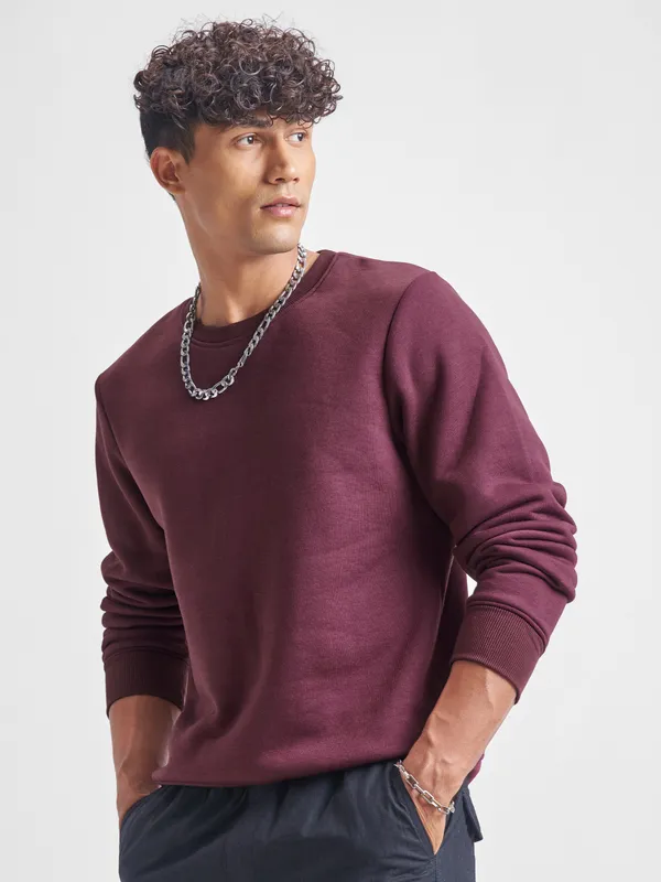 Highlander Men Burgundy Round Neck Pullover Sweatshirt