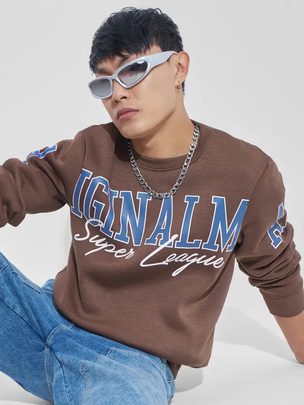 Highlander Men Brown Round Neck Pullover Sweatshirt