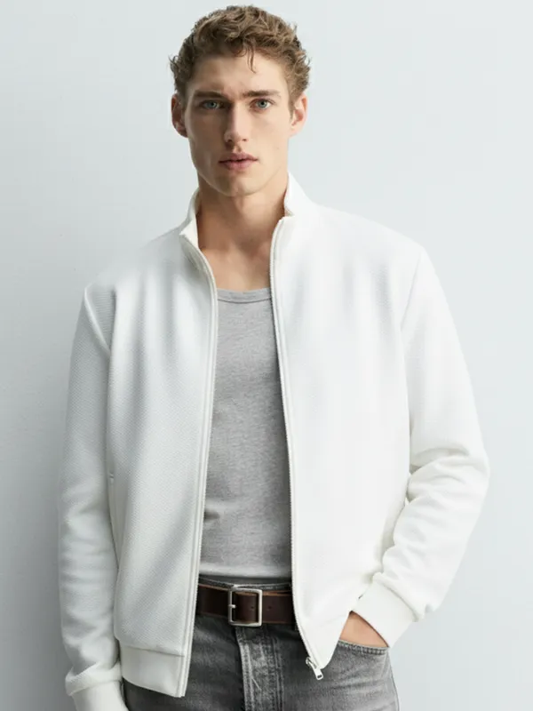 Highlander Men White High Neck Front-Open Sweatshirt