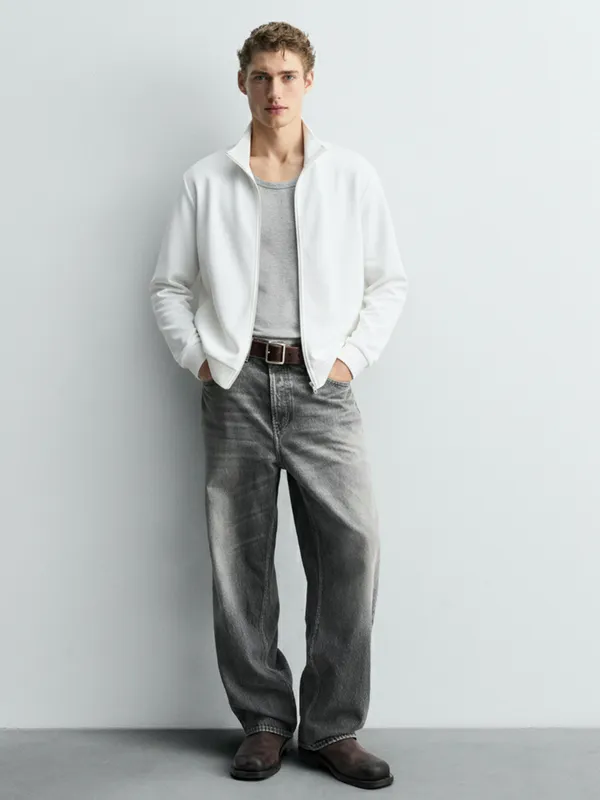 Highlander Men White High Neck Front-Open Sweatshirt