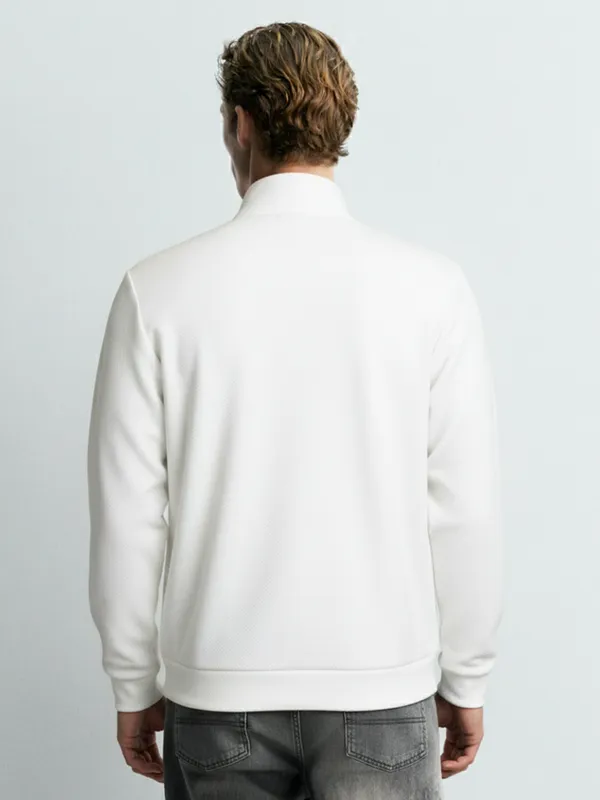 Highlander Men White High Neck Front-Open Sweatshirt