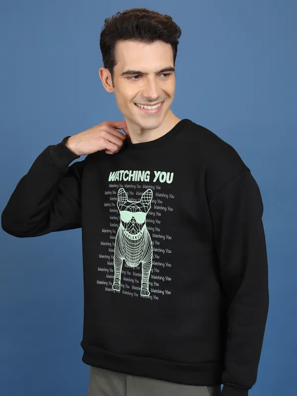 Highlander Men Black Round Neck Pullover Sweatshirt