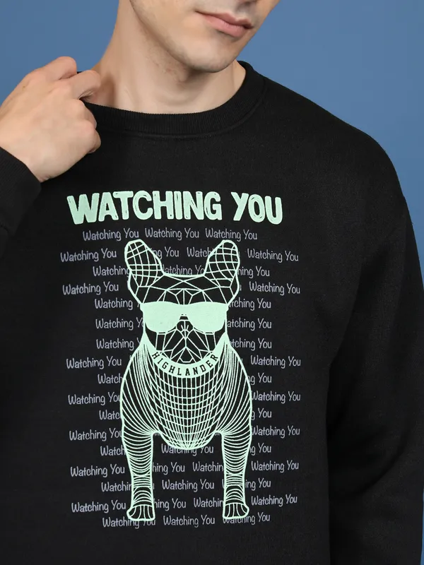 Highlander Men Black Round Neck Pullover Sweatshirt