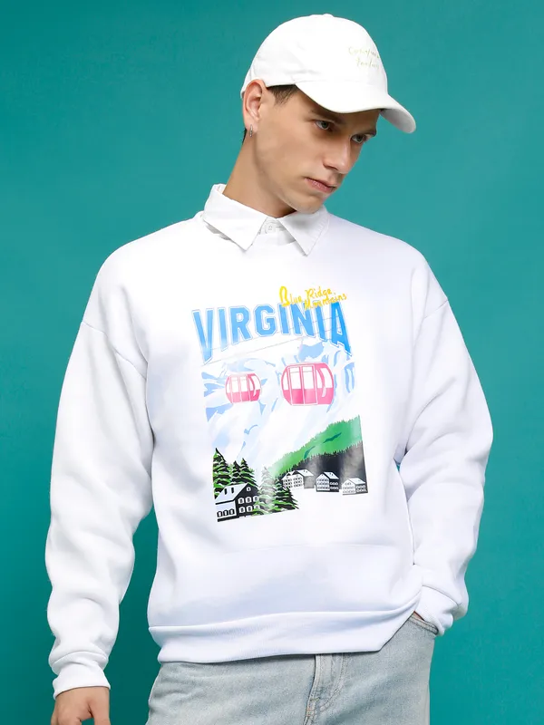 Highlander Men White Round Neck Pullover Sweatshirt