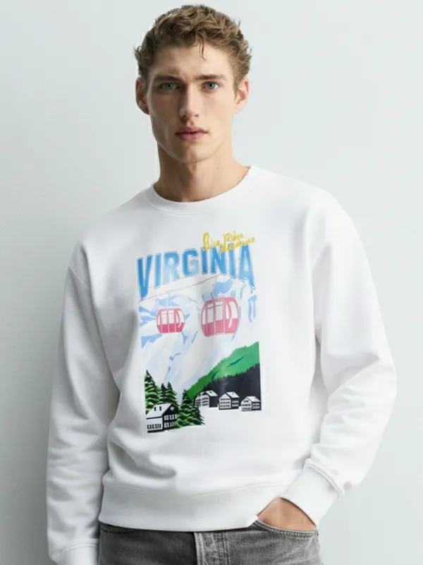 Highlander Men White Round Neck Pullover Sweatshirt