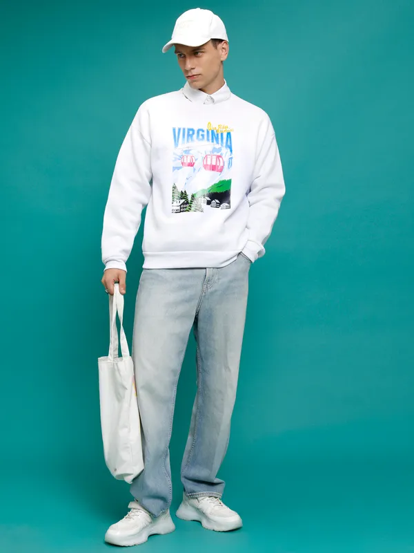 Highlander Men White Round Neck Pullover Sweatshirt