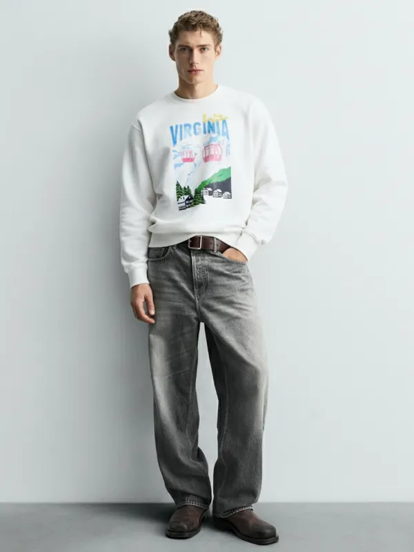 Highlander Men White Round Neck Pullover Sweatshirt