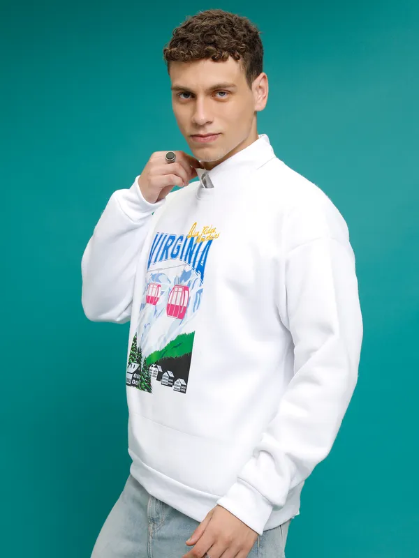 Highlander Men White Round Neck Pullover Sweatshirt