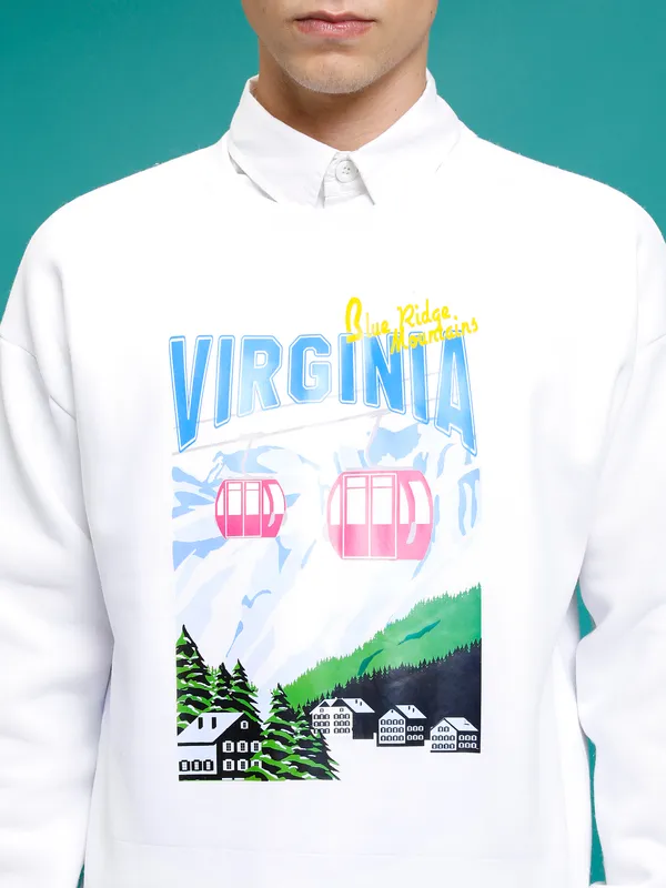 Highlander Men White Round Neck Pullover Sweatshirt