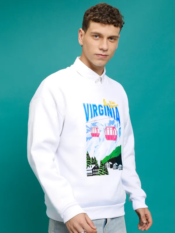 Highlander Men White Round Neck Pullover Sweatshirt