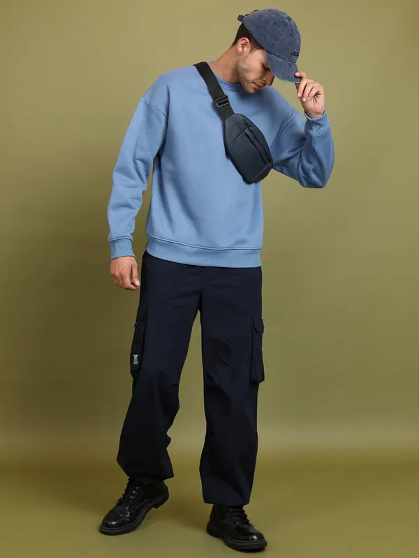 Highlander Men Blue Round Neck Pullover Sweatshirt