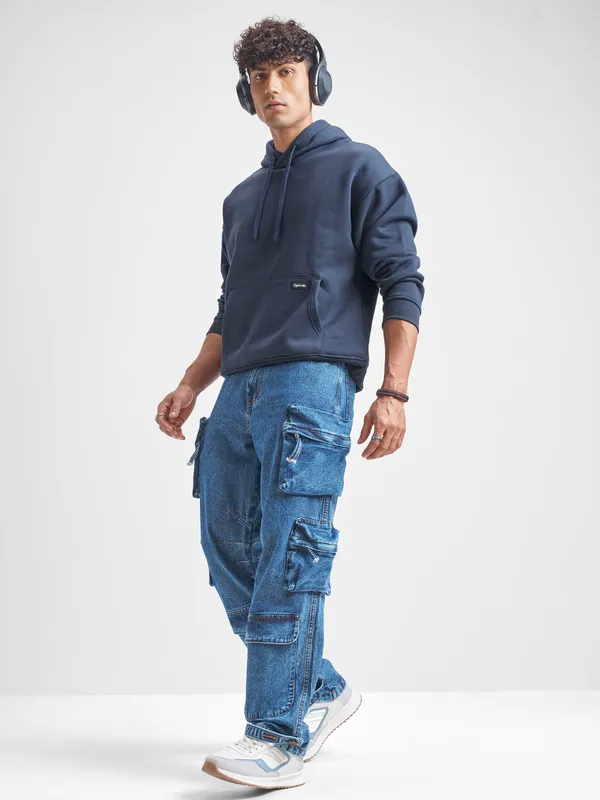 Highlander Men Navy Blue Hooded Pullover Sweatshirt