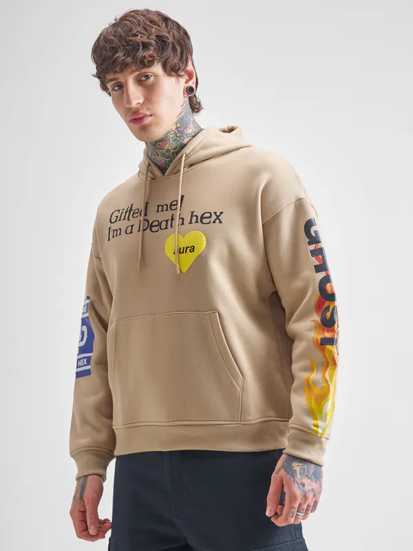 Highlander Men Beige Hooded Pullover Sweatshirt