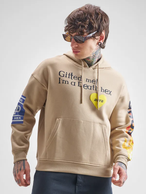 Highlander Men Beige Hooded Pullover Sweatshirt