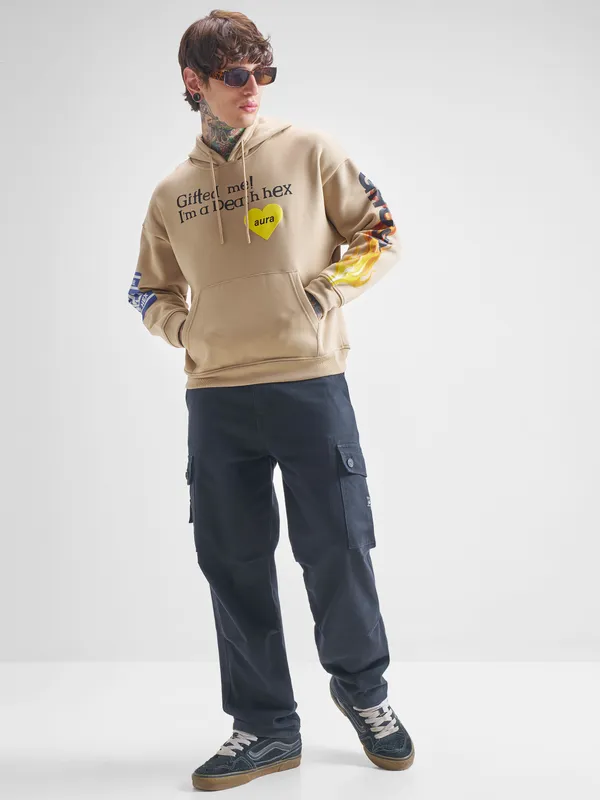 Highlander Men Beige Hooded Pullover Sweatshirt